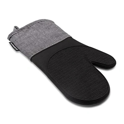 Image of Cuisinart Charcoal Silicone Oven Gloves Single Mitt with Grey Herringbone Cuff, Non Slip, Heat Resistant Mitts