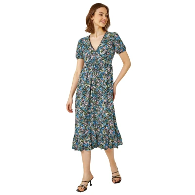 Image of Roman Originals Animal Print Lace Trim Midi Dress for Women UK Ladies Everyday Holiday Spring Summer V Neckline Comfy Soft Evening Vacation Work Party Blue Size 10