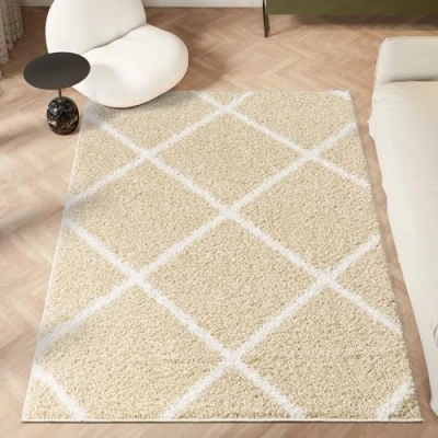 Image of homeart Area Rug Super Soft Geometric Shaggy Rugs For The Living Rooms, Bedrooms And Kitchen Modern, Easy To Clean Carpet(Diamond Beige Ivory 80x150 cm)