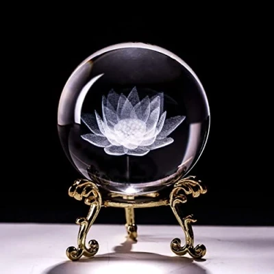 Image of NC 60mm 3D Carved Glass Lotus Flower Sphere with Stand, Clear/White, Asian Style, Free standing, Polished Finish, 30mm x 60mm, Light Dusting