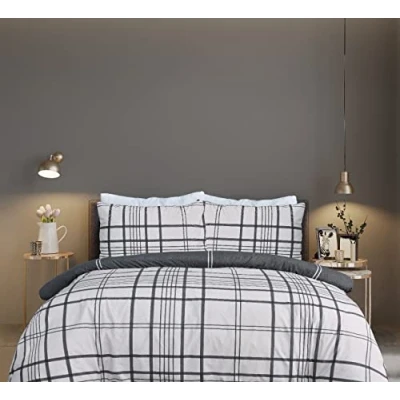 Image of Sleepdown 100% Pure Cotton Check Natural Black Reversible Duvet Cover Quilt Pillow Case Bedding Set Soft Easy Care Single (135cm x 200cm)