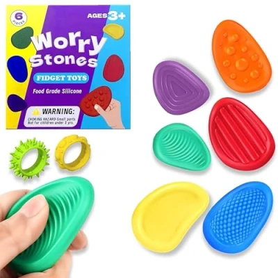 Image of 6 Pcs Sensory Stone + 2 Rings Set Anxiety &amp; Stress Relief Finger Toys for Autism ADHD, Emotion Worry, Focus, Relax Stimulation ,Classroom Fidget Rubber Kids Adults