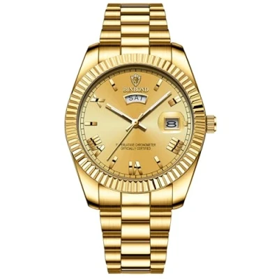 Image of JewelryWe Men Luminous Quartz Watch: Filigree Work Bezel Waterproof Analog Roman Numerals Day and Date Function Stainless Steel Strap Wristwatch