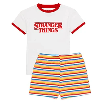 Image of Stranger Things Girls Pyjama Set Kids Short Sleeve T Shirt and Shorts PJs Bundle Max Eleven Character Outfit Striped Retro White Loungewear Netflix Pajama Nightwear