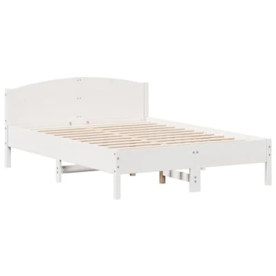Image of vidaXL Solid Pine Wood Double Bed Frame with Headboard White, 135x190 cm, Plywood Slats, Sturdy Bedroom Furniture