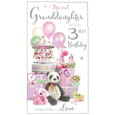 Image of Jonny Javelin Special Granddaughter 3rd Birthday Card Age 3 Teddies, Toys and Balloons Embossed with Foil Flitter Details