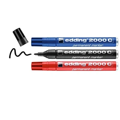 Image of edding 2000 C permanent marker black, red, blue 3 pens round nib 1.5 mm quick drying markers waterproof, smudge proof for cardboard, plastic, wood, metal, fabric
