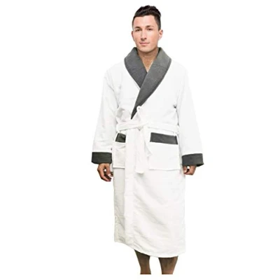 Image of Men’s Shawl Collar Designer Style Dressing Gown Bathrobe, Housecoat Loungewear Super Soft Luxury Microfiber Terry Cotton, Warm, Cosy Fleece Nightwear Robe, Spa Hotel Sleepwear (S / M, White)