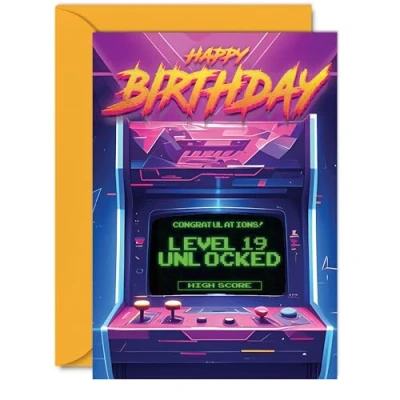 Image of 19th Gamer Birthday Cards for Men Women Level 19 Unlocked Happy Card Son Daughter Brother Sister Friend, A5 Nineteen Nineteenth Bday Video Game Greeting