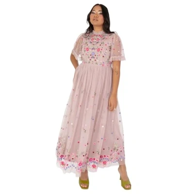 Image of Maya Deluxe Women&#039;s Ladies Midaxi Dress Short Sleeve Ruffle High Neck Embroidered A line for Wedding Guest Occasion Prom Ball Gown, Frosted Pink, 10
