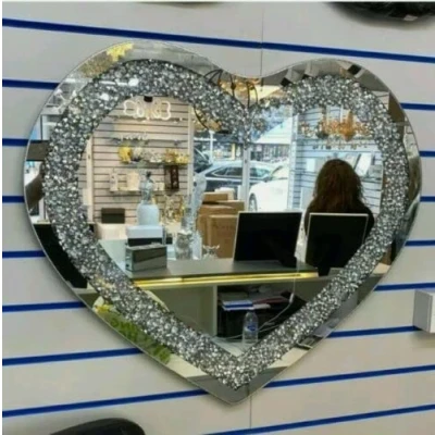 Image of Biznest Heart Shape 70X80Cm Crushed Diamond Crystal Glass Frame Silver Bevelled Wall Mirror Bling Room Decoration Ideas New Eye Catching Design
