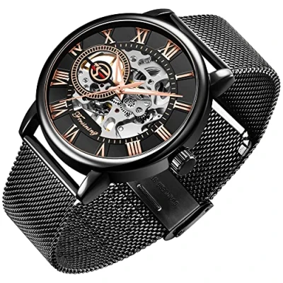 Image of Dentily Men&#039;s Skeleton Watch Classic Roman Numeral Steampunk Mechanical Hand Wind Mens Watches (Blue), black rose gold,