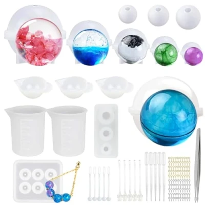 Image of Woohome 32 PCS Sphere Silicone Resin Kits Ball Epoxy Molds Assorted Style Jewelry Casting Molud Tools, Measuring Cup and Making Tools for Craft
