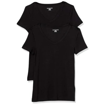 Image of Amazon Essentials Women&#039;s Slim Fit Short Sleeve V Neck T Shirt, Pack of 2, Black, L