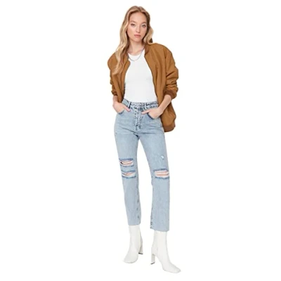 Image of Trendyol Women High Waist Wide Leg Straight Jeans Blue