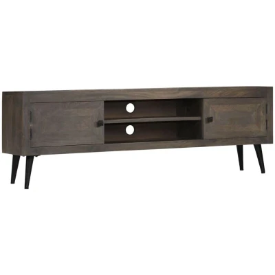 Image of vidaXL TV Cabinet Handmade Solid Mango Wood Stand with Cable Hole, 2 Shelves, Cabinets Industrial Style Grey