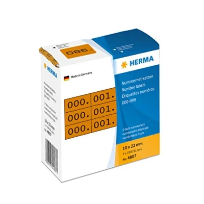 Image of HERMA Number Labels 0 999, Triple, 3000 Pieces, 22 x 10 mm, Self Adhesive, Matte, Triple Sequential Paper Labels, Asset Numbers in Dispenser Box, Brown
