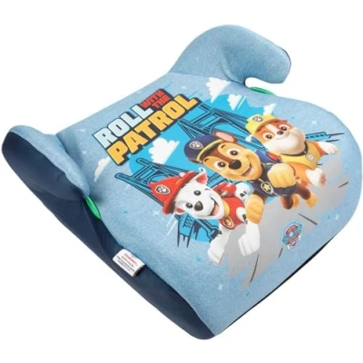 Image of Paw Patrol Booster Seat for the Safety of Children 125 to 150 cm with Graphics Cute Dogs Chase, Rubble and Marshall on a Light Blue Background