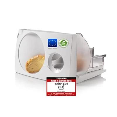 Image of Emerio MS 125000 All Purpose Slicer, Stainless Steel Knife Unit Made in Germany, Adjustable 0 17 mm, BPA Free, Space Saving, Foldable, with Safety Switch, Eco 100 Watt, White