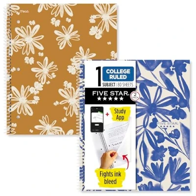 Image of Five Star Spiral Notebooks + Study App, 2 Pack, 1 Subject, College Ruled Paper, 11&quot; x 8 1/2&quot;, 80 Sheets, Soft Petals (820331F ECM)