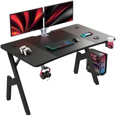 Image of DLONGONE Large Gaming Desk 140 x 60cm, Computer Desk, PC for Home Office, A Shaped Table with Cup Holder and Headphone Hook, Simple Assembly, Black