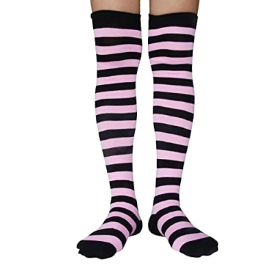 Image of spomei Women&#039;s Striped Socks Over the Knee Cotton Long Tube Stockings Thigh High for Halloween Cosplay Costume Party Accessories, Pink Black Striped, One Size Plus