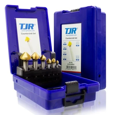 Image of TJR® Countersink 90 Diameter 6.3 20.5 mm Made of HSS Steel with coating Really Sharp and Deburring Set for Wood, Metal Plastic in Storage Box (HSS TiN coating)