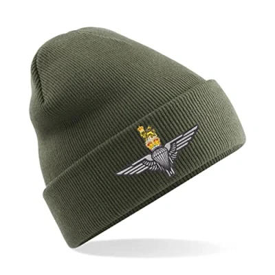 Image of Parachute Regiment Paratrooper Paras Insignia Mens Premium Embroidered Beanie Hat, Bob Hat British Army Military (Military Green)