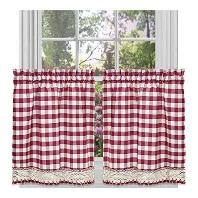 Image of Achim Home Furnishings Tier Pair Buffalo Check Window Curtain, 58&quot; x 24&quot;, Burgundy &amp; Ivory