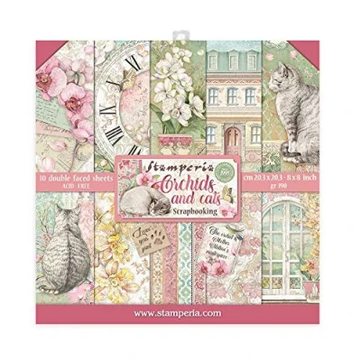 Image of Stamperia INTERNATIONAL, KFT Mini Scrapbooking Pad Double Sided Sheets Orchids and Cats, Paper, Various, 20.5 x cm