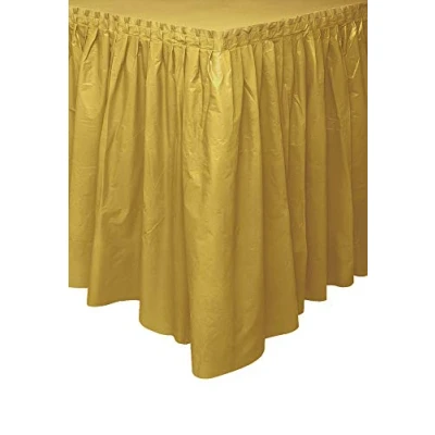 Image of Solid Gold Plastic Rectangular Table Skirt (73cm x 4 meters) 1 Count Easy Assembly and Reusable, Elegant &amp; Versatile Party Decor