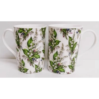Image of Rainbow Decors Lily of The Valley Mugs Set 2 Fine Bone China 300 ml 10.5oz Windsor Lilies Chintz Cups Hand Decorated UK