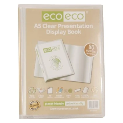 Image of eco A5 Size 50% Recycled 80 Pocket Clear Presentation Display Book, Storage Case Portfolio Art Folder with Plastic Sleeves, eco149