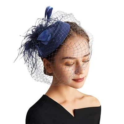 Image of DRESHOW Fascinator Hats for Women Pillbox Hat with Veil Headband and a Forked Clip Tea Party Headwear