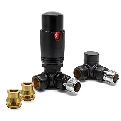 Image of Thermostatic TRV Corner Black Radiator Valves 1/2&quot; x 15mm with Brass Reducer Compression Valve to 10mm