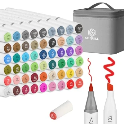 Image of GC QUILL Alcohol Brush Markers 53 Colours Pens (Chisel&amp;Brush Tip) +1 Colorless Blender Marker Professional for Art Drawing, Graffiti, Colouring, Rendering MK54