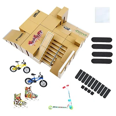 Image of IOUGDSEC Skate Park Kit Ramp Parts for Finger Skateboard Part Training Props with 4 Decks 2 Bike 1 Pair Skates and Scooters