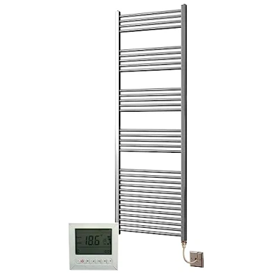 Image of Greened House Electric Chrome 600W x 1800H Straight Towel Rail + Timer and Room Thermostat New Bathroom Rails
