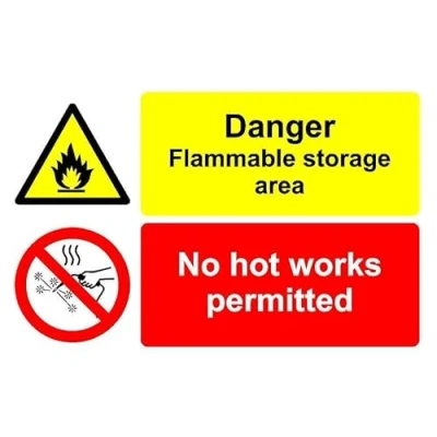 Image of Danger flammable storage area no hot works permitted safety sign 1mm flexible Plastic (300mm x 200mm)