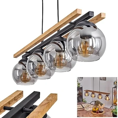 Image of Podre Pendant Light, Hanging Light Made of Metal/Wood/Glass in Black/Nature/Smoke Colour, Retro/Vintage Design with Glass Shades (Ø 15cm), 4 Flame, max. Height 120cm, 4X E27, Bulbs not Included