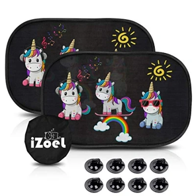 Image of iZoeL Car Sun Shade for Baby Kids 2 Pack Static Cling Side Window 80GSM Rear Sunshades Universal with 8 Suction Cups and Storage Bag Glare UV Rays Protection (Unicorn)