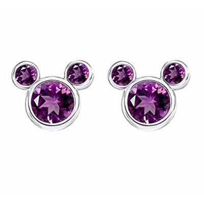 Image of findout Ladies Sterling Silver Cubic Zircons Amethyst White Pink Crystal Mickey Mouse Earrings, for Girls Children.(f1758) (Purple)
