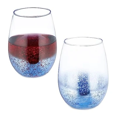 Image of Relaxdays Stemless Glasses, Set of 2, for Red Wine, 500 ml Each, Glassware Water or Desserts, Speckled, Blue, 12 x 9.5 cm