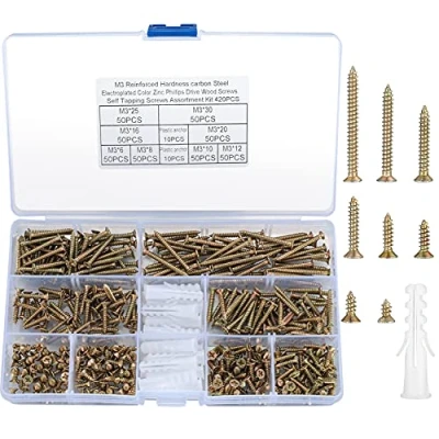 Image of 420 Pcs Brass Self Tapping Screws, Wood Drilling Flat Cross Head Screws Assortment Kit, Carbon Steel Galvanized Countersunk with M6 Screw Anchors for Furniture DIY