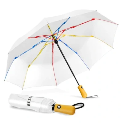 Image of BESTKEE Windproof Travel Folding Umbrella Automatic, Large Rain Compact Portable Fast Drying with Auto Open/Close Button, Non Slip Handle (White)