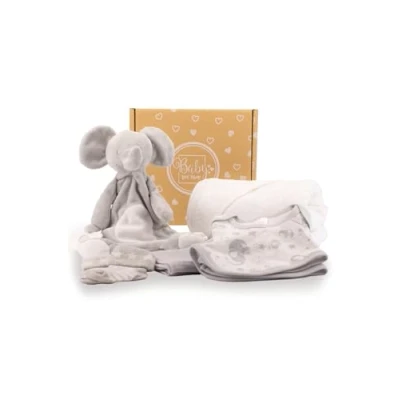 Image of Baby Box Shop 6 Essentials for Newborn Unisex, Ideal Shower Gifts &amp; Christening Gifts, Includes a Comforter, Grey Hooded Towel, Muslin Cloth, Bodysuit, Bib Socks