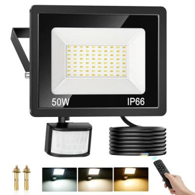 Image of 50W Security Lights Outdoor Motion Sensor, 450 4500LM Dimmable PIR Sensor Light 3000K 4000K 6500K, IP66 Waterproof LED Floodlights Outside with Remote Control for Garden Backyard Garage