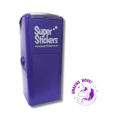Image of Superstickers Teacher Stamp Amazing Work Unicorn Design Violet Ink Self Inking Education Stamper For Marking 23 x 23mm