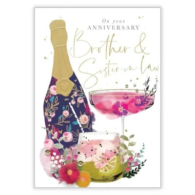 Image of Brother and Sister in Law Anniversary Card Floral Champagne Bottle Design Special Finishes Embellishments Made the UK Eco Friendly