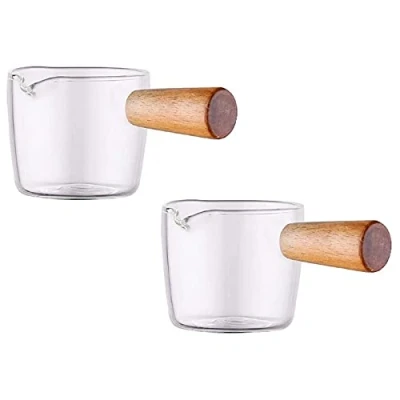 Image of Plouluyt 2PCS Transparent Glass Creamer with Wooden Handle, Mini Coffee Milk Pitcher. 50Ml
